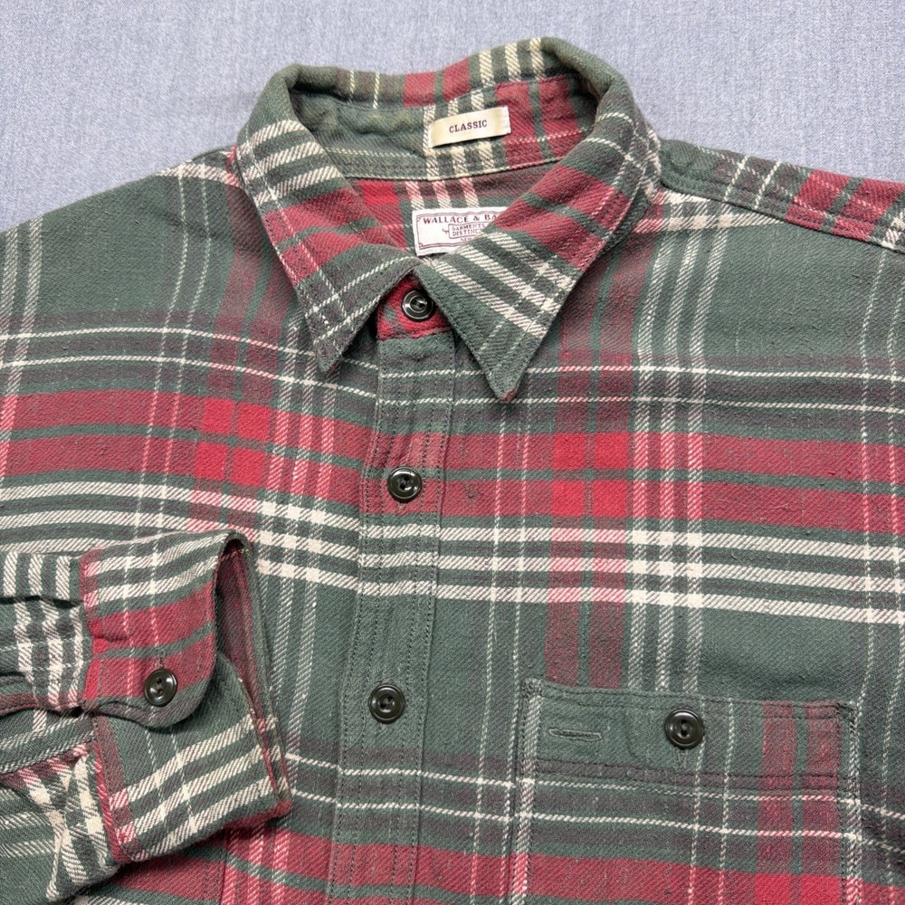 Wallace & Barnes Shirt Mens Medium Green Plaid Flannel Button Up‎ Long Sleeve